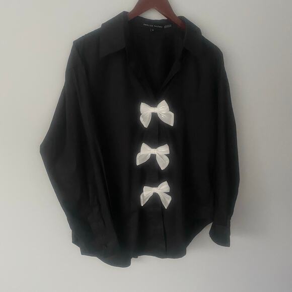 English Factor Bow Poplin Button-Up Shirt Black Size Medium - Picture 5 of 7